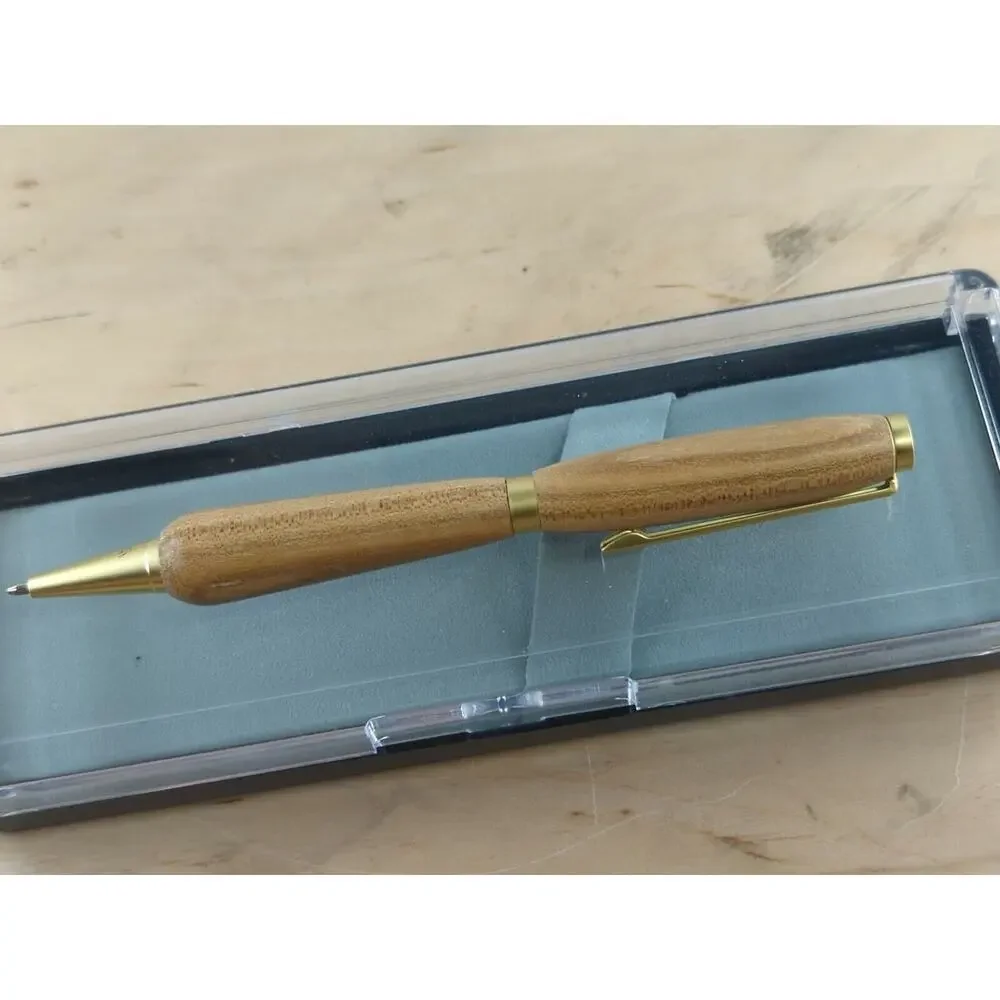 Handturned Slimline‎ Twist Pen Satin Gold Finish Red Elm Body Black Ink